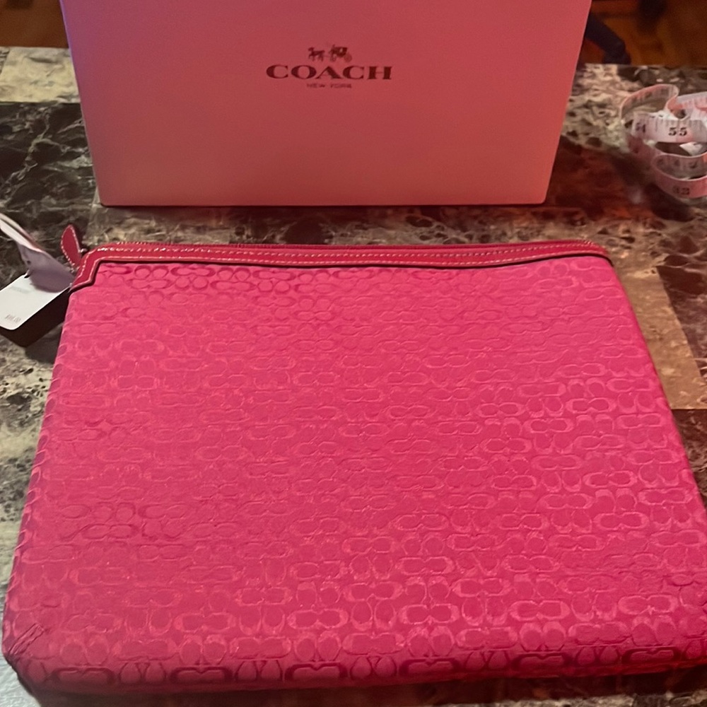 Coach vibrant pink punch color mini signature tablet sleeve with zipper